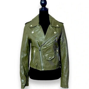 Flamant Rose Olive Green Cropped Silver Hardware Details Faux Leather Jacket